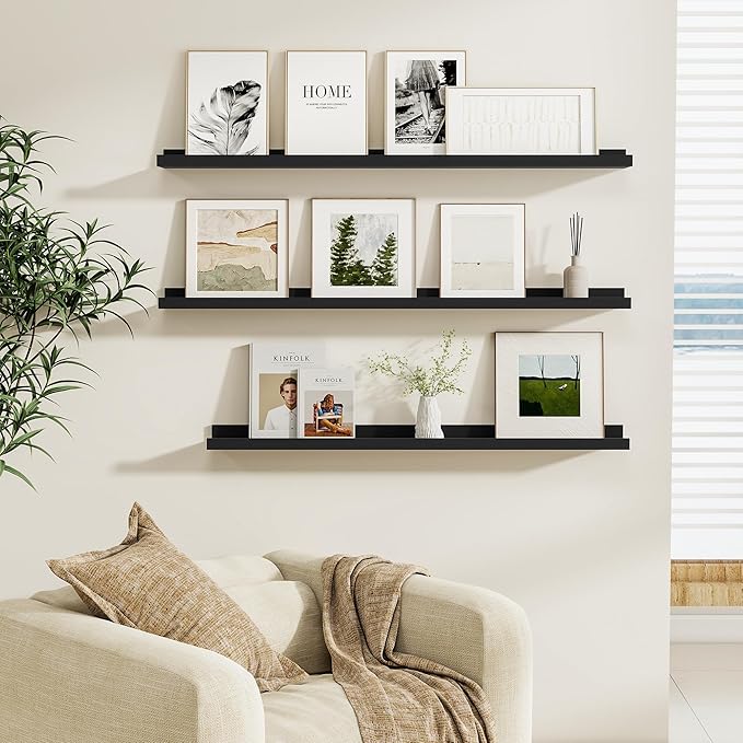 Fun Memories Picture Ledge Shelf, Black Floating Shelves Set of 4, 40 Inch Picture Shelves for Wall with Ledge, Large Nursery Book Shelf for Toys Storage, Living Room, Bedroom Decor Frames