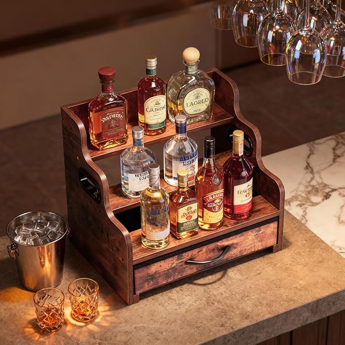3-Tier Liquor Bottle Display Shelf with Drawers- Holds 12 Bottles & 36 K-Cups, Countertop Wine Rack, Coffee Syrup Rack, for Mini Bar, Whiskey, Spice Rack