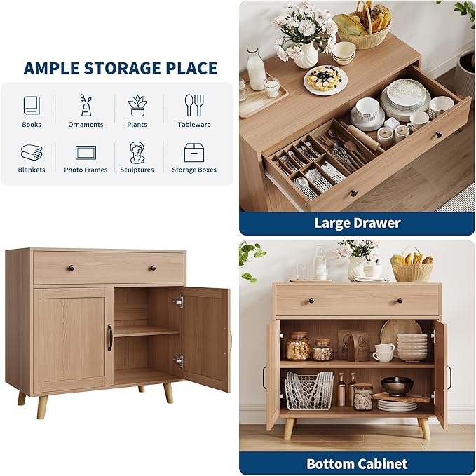 Sideboard Buffet Cabinet, Accent Cabinet with Storage, Console Coffee Bar Table with Drawer & Doors, Wood Sideboard Credenza Console Table for Living Room, Kitchen, Dining Room, Entryway