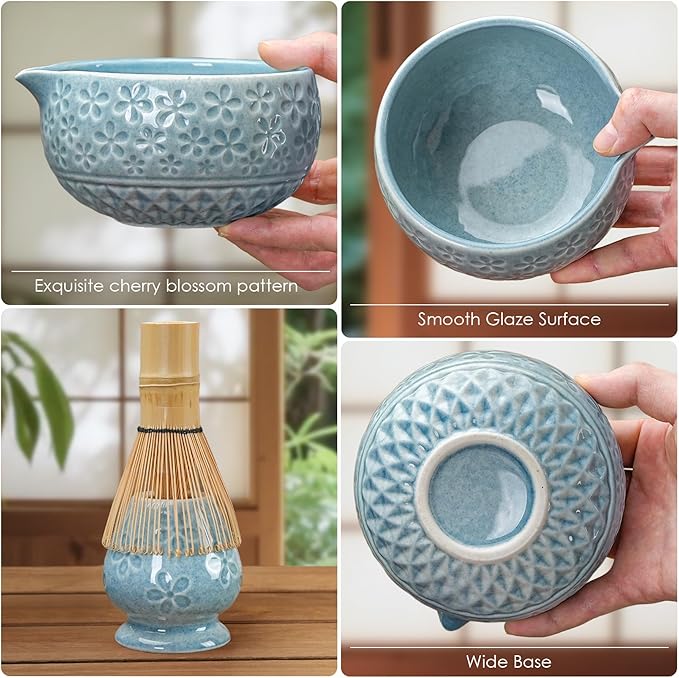 7Pcs Matcha Whisk Set, Ceramic Matcha Bowl with Spout, Bamboo Whisk and Holder,Bamboo Scoop,Scoop Rest,Sifter,Tea Towel, Matcha Kit with Cherry Blossom Carved Patterns for Matcha Lovers (Sakura Blue)