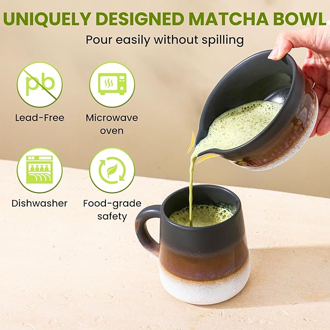 Matcha Whisk Set, Ceramic Matcha Kit Desert Style, Matcha Whisk and Bowl, Bamboo Scoop and Rest, Sifter and Tea Towel, 7 Pcs Gifts for Matcha Lover - Matte Black