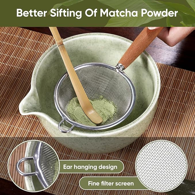 Matcha Whisk Set 10pcs – Traditional Japanese Matcha Kit with Bamboo Whisk, Ceramic Matcha Bowl with Pouring Spout, atcha Kit for Ceremony, Making Tools for Tea Ceremony (Matcha Green)