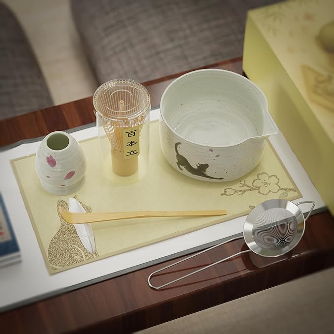 Complete 8-Piece matcha set – Cute Cat Print matcha bowl and whisk, Bamboo Accessories & Premium matcha tools for Home Tea Rituals, Mindful Gift for Tea Lovers