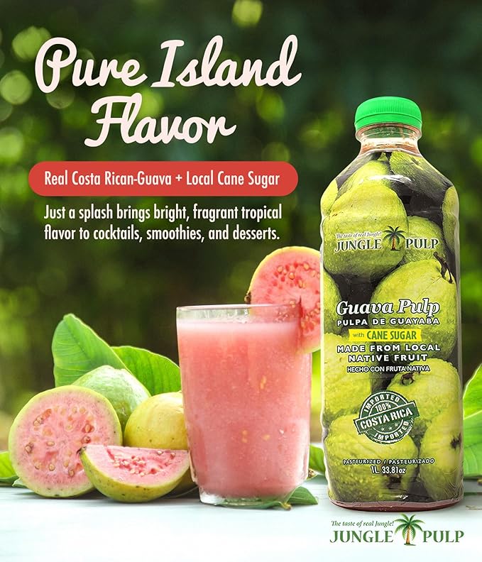 Jungle Pulp GUAVA Puree Costa Rica Blend, Topping, Flavoring, Better than Syrup, for Desserts, Smoothies, Margaritas, Cocktails, Juice and Shakes. 33.81 oz/ 1 Liter.