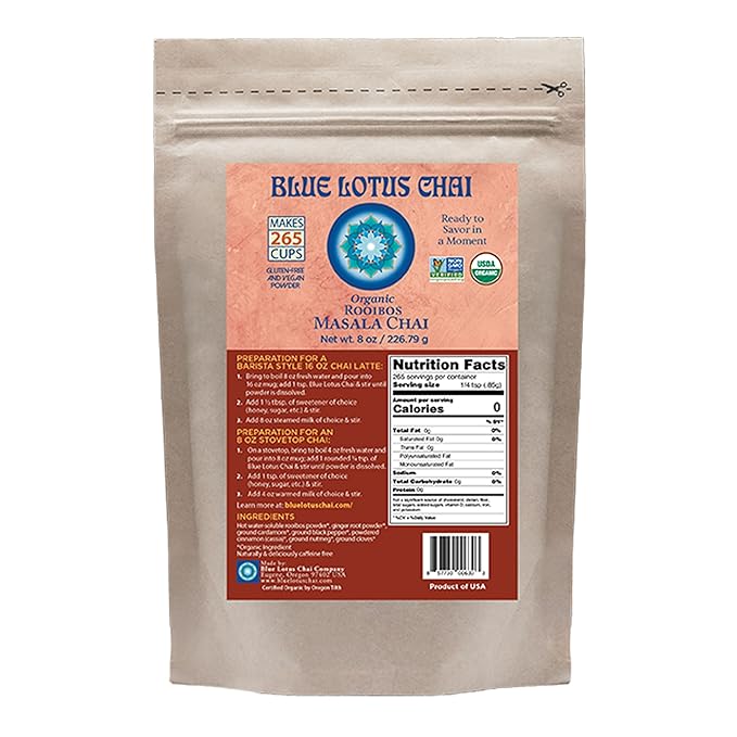 Blue Lotus Chai – Organic Rooibos Masala Chai - Makes 265 Cups – Caffeine-Free, No Steeping, No Gluten - 8 Ounce Masala Chai Powder with Organic Spices – Authentic Indian Tea