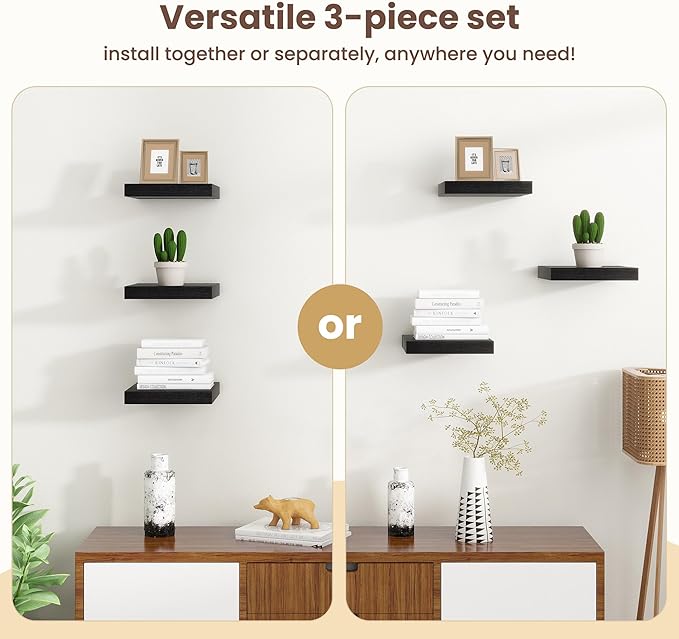 Fun Memories Floating Shelves for Wall - 9.3 Inch Square Shelves with Invisible Brackets, Black Small Wall Shelf for Living Room, Bathroom, Bedroom, and Kitchen Decor，Set of 4