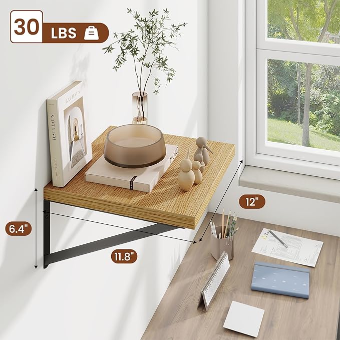 Deep Wall Shelves 12"W x 12"D Engineered Wood Floating Shelves for Wall, Sturdy Metal Bracket Bookshelves Home Decor Storage for Living Room Bedroom Bathroom Kitchen, Set of 2, Oak Finish