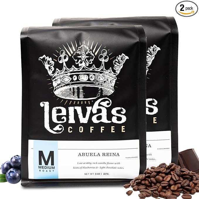 Leiva’s Medium Roast Whole Bean Coffee (8 Oz) - Roasted to Order, Single Origin Guatemalan Beans - Abuela Reina Whole Beans w/ Vanilla, Blueberries & Chocolate Notes - Nutty, Earthy Low Acidity Roast (2 Pack