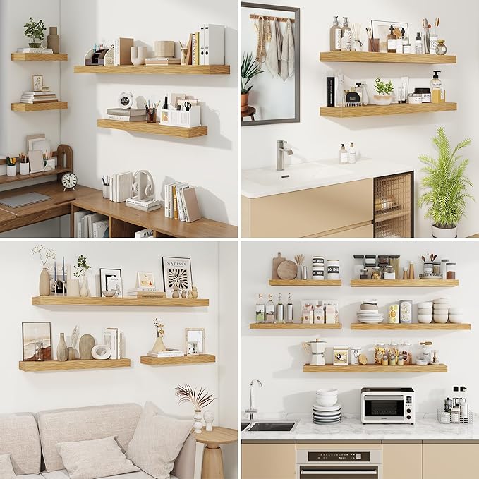 fuqing Floating Shelves for Wall, Wall Mounted Wood Floating Shelf with Invisible Brackets for Living Room, Bathroom, Bedroom, Kitchen Storage and Decor, 48 Inch Set of 2, Oak