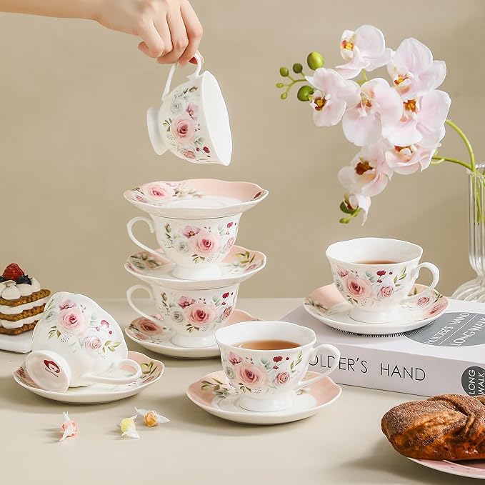 Floral Porcelain Tea Cup Set of 6 (12-Piece), 6 Cups & 6 Saucers with Rose Pattern, 6oz Scalloped Edge Coffee Cups, Dishwasher & Microwave Safe, Elegant Gift