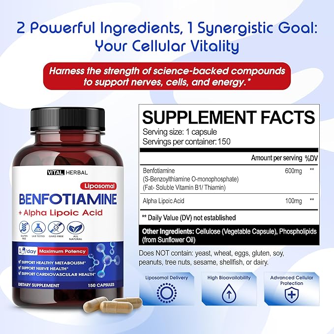 Vital Herbal Liposomal Benfotiamine with Alpha Lipoic Acid - Maximum Potency- Support Healthy Metabolism