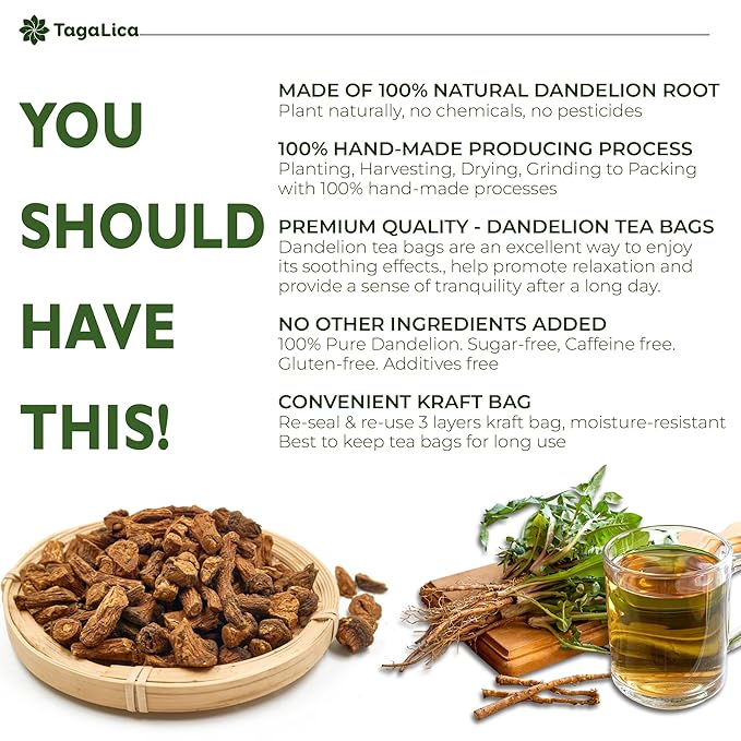 Tagalica, Premium 25 Dandelion Root Tea Bags, 100% Natural & Pure from Dandelion Root, Eco-Conscious Tea Bags, Herbal Tea. No Sugar, No Caffeine, No Gluten, Vegan.