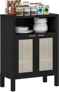 HOMCOM Rattan Sideboard Buffet Cabinet with Storage, Modern Accent Cabinet with 2 Doors and Adjustable Shelf, Freestanding Buffet Table for Entryway Living Room, Distressed Black