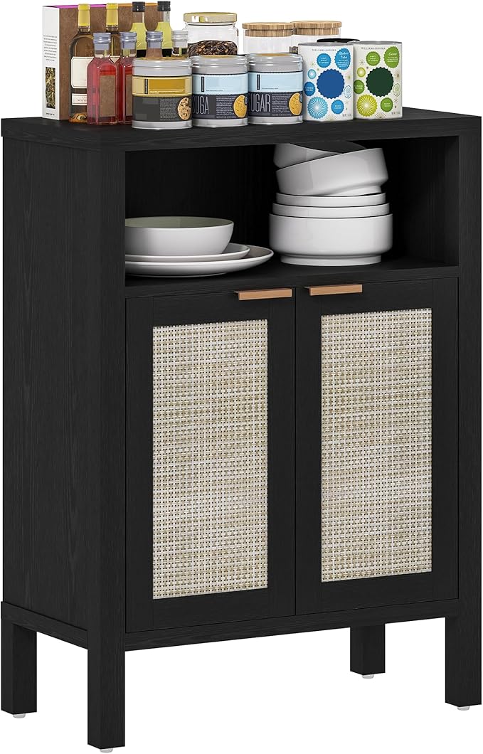 HOMCOM Rattan Sideboard Buffet Cabinet with Storage, Modern Accent Cabinet with 2 Doors and Adjustable Shelf, Freestanding Buffet Table for Entryway Living Room, Distressed Black