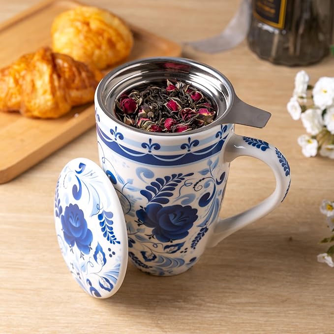 GBHOME Tea Mug with Infuser and Lid, 18 Ounce Large Ceramic Loose Leaf Tea Cup, Microwave, Dishwasher Safe Tea Steeping Mug, Pefect Gift For Tea Lover.