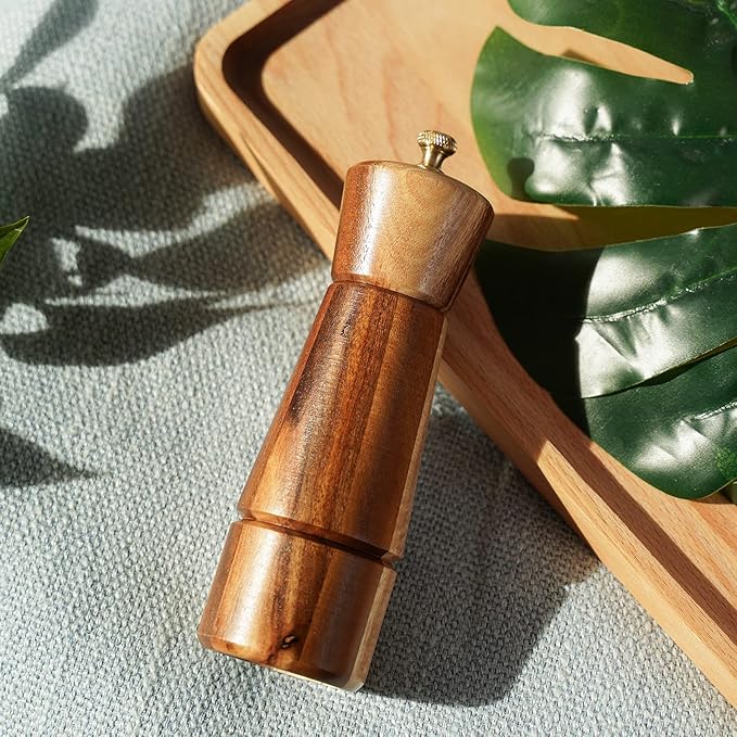 Pepper Grinder, Pepper Mill with Adjustable Stainless Steel, Acacia Wood, 16.5 cm Height, Bottom Dia: 5 cm, Upper Dia: 4.5 cm (Tray is NOT Included)