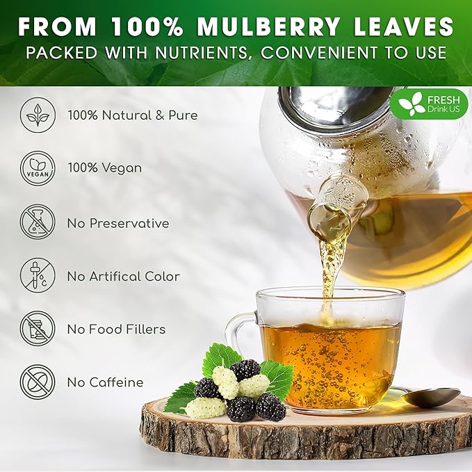 FreshDrinkUS, Permium 8oz Mulberry Leaves, 100% Natural & Pure from Mulberry Leaves, Loose Leaf Herbal Tea, No Additives, No Caffeine, Vegan