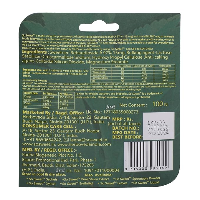 So Sweet Stevia 100 Tablet - Natural Sweetener, Zero Calories, Keto-Friendly, Organic Sugar Substitute, No Artificial Flavors, Convenient Travel Size