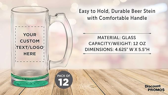 12 Libbey Beer Mugs Set, 12 oz. - Customizable Text, Logo - Groomsmen Glassware - Green