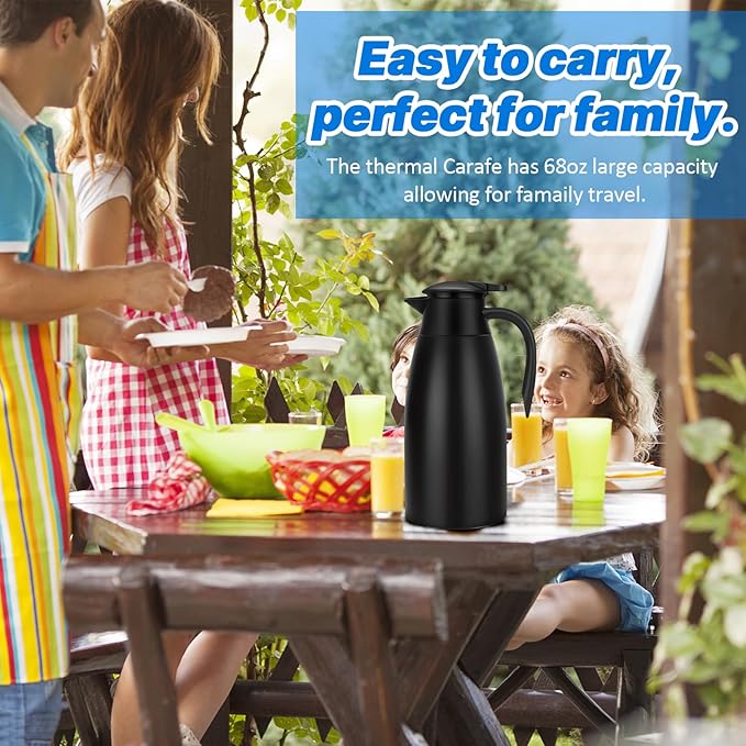 68OZ Thermal Coffee Carafes for Keeping Hot, 2 Liter Stainless Steel Thermal Carafe, Double Wall Vacuum Insulated Pitcher Tea Pot for Coffee Tea Keep Hot 12 Hours, Black