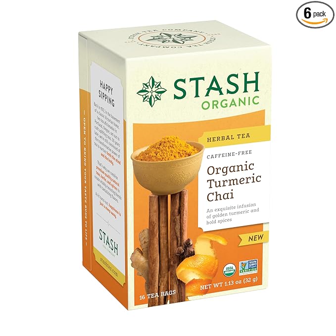 Stash Tea Organic Turmeric Chai, Caffeine-Free, Non-GMO Project Verified, Serve Hot or Iced, 96 Tea Bags, 16 count (6 pack)