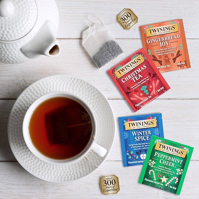 Twinings Christmas Holiday Tea Bag Variety Pack (60 Count) 4 Seasonal Flavors in Wooden Tea Chest Organizer, Gift for Women, Men, Friends, Couples, Mom, Dad, Family