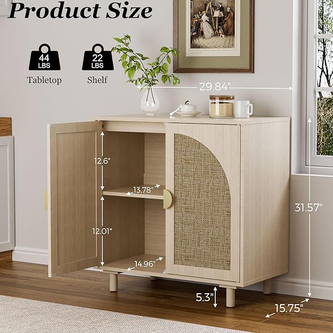 Small Buffet Cabinet with Storage, Credenza Cabinet with Rattan Decorated Doors, Magnetic Latch, Adjustable Shelf, 29.8x15.7x31.5 inches, Natural
