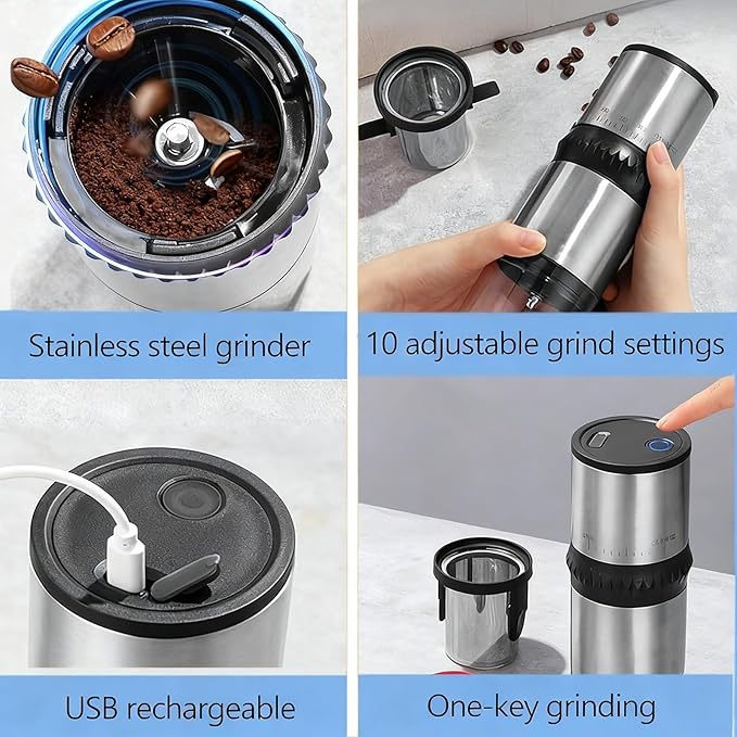 Portable Coffee Grinder,USB Rechargeable Coffee Maker,Electric Stainless Steel Burr Burr Coffee Grinders, Espresso Battery Coffee Bean Grinder Machine with 15 gind Settings for Home Use(Black9109)