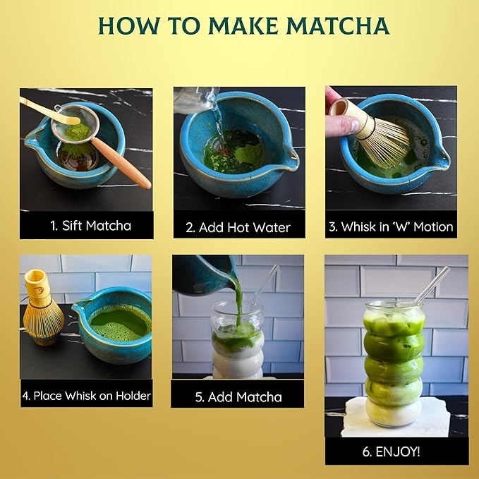 Matcha Whisk Set | Japanese Matcha Kit | Matcha Whisk and Bowl with Spout | 5-piece Set for Making Ceremonial Matcha Tea | Matcha Gift Blue - Christmas, Birthday