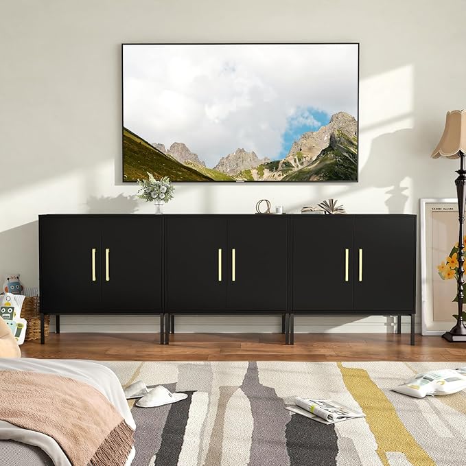 JOZZBY Buffet Sideboard Cabinet with Storage, Modern Wooden Cabinet with Adjustable Shelves, Black and Gold Cabinets for Living Room, Kitchen, Hallway