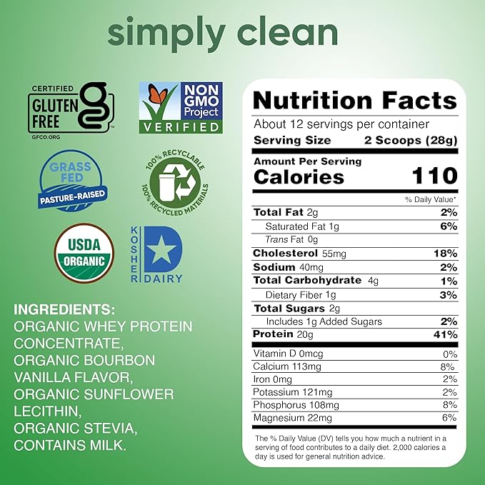 simply tera's Organic Whey Protein Powder - Grass Fed Vanilla Whey Protein Powder, Clean, Made Without Artificial Sweeteners, Non-GMO, Kosher, rBGH-Free, Organic - 12 Oz.