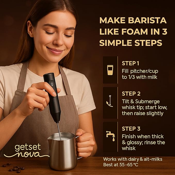 Milk Frother for Coffee, Rechargeable Electric Handheld Frother Wand with Dual Whisk, 3 Speed Settings, Fast Recharge, Powerful Motor, Handheld Mixer Electric 1 Year Warranty