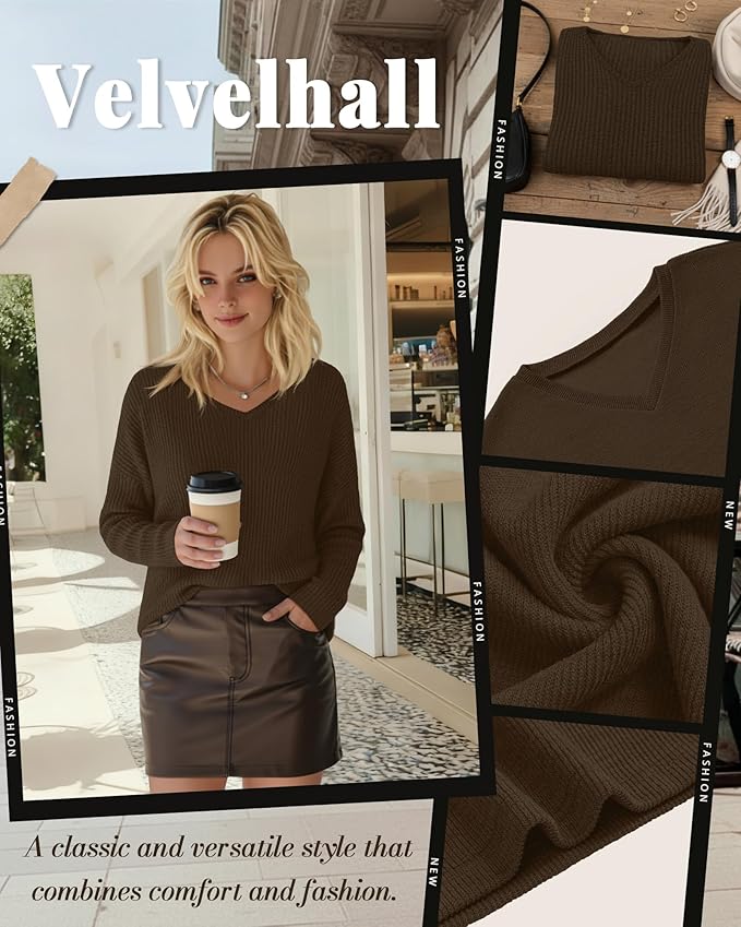 Women's V Neck Sweater Long Sleeve Knit Oversized Shirt Loose Lightweight Fall Casual Pullover Sweater Top
