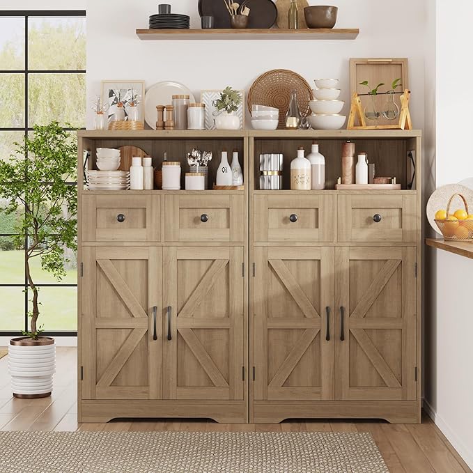 Natural Storage Cabinet with Doors and Shelves, Standing Kitchen Pantry Cabinet, Floor Storage Hutch Cupboard, Coffee Bar Station for Dining, Living Room, Home Office
