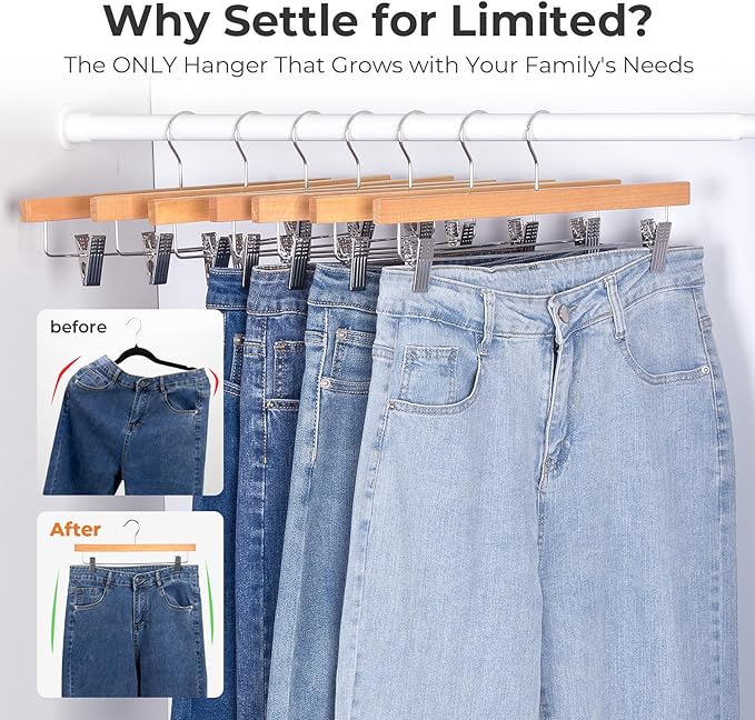HOUSE DAY Wooden Pants Hangers with Clips, Solid Lotus Deluxe Wood Skirt Hangers, Heavy Duty & Anti-Rust Hook for Wrinkle-Free Slacks, Skirts, Jeans, Space Saving for Closet 10 Pack (Natural)