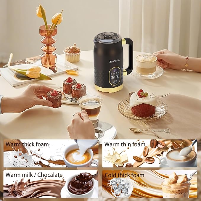 Milk Frother with LED Touchscreen & Temp Display, 4-in-1 Electric Milk Steamer for Hot & Cold Foam, Adjustable Temperature, Silent Frothing, Non-Stick Coating for Coffee, Latte, Hot Chocolate