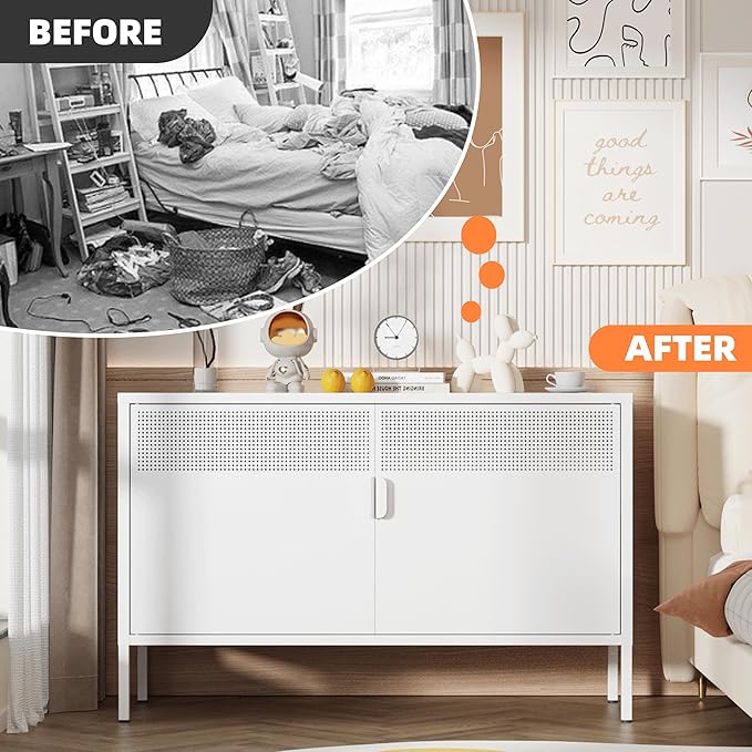 Metal Storage Cabinet,2 Door TV Stand, Metal Mesh Accent Cabinet,Magnetic Door Closure,Low Storage Cabinets with Doors and Shelf for Home,Office,Living Room