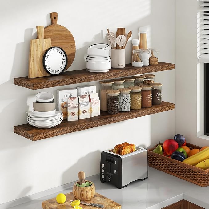 48 Inch Floating Shelves, 8 Inch Deep Floating Shelves for Wall, Hanging Shelf with Invisible Brackets, Deep Shelves for Bathroom, Bedroom, Living Room, Brown, Set of 2