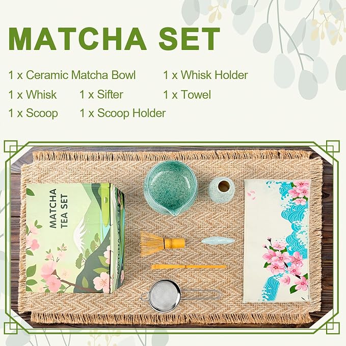 Matcha Whisk Set–7pcs Japanese Matcha Set Kit with Matcha Bowl, Bamboo Whisk, Whisk Holder, Scoop, Towel &Sifter–Perfect for Tea Ceremonies&Matcha Lovers (Mountain Relief-Mottled Green)