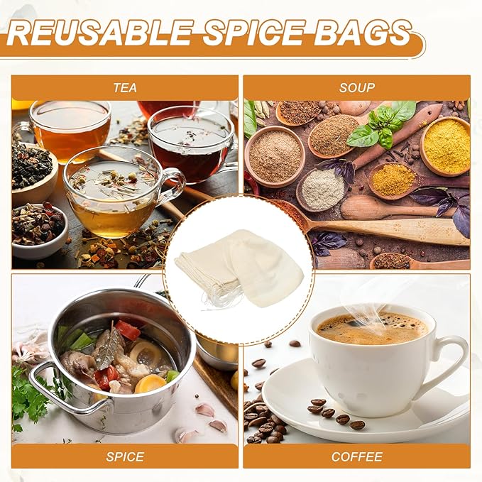 uxcell 20 Pcs Spice Bags for Cooking, 6x5 in Reusable Empty Tea Bags Muslin Strainer Cotton Cheese Cloth for Loose Leaf Tea Sachet Straining Soups Herbs, Beige