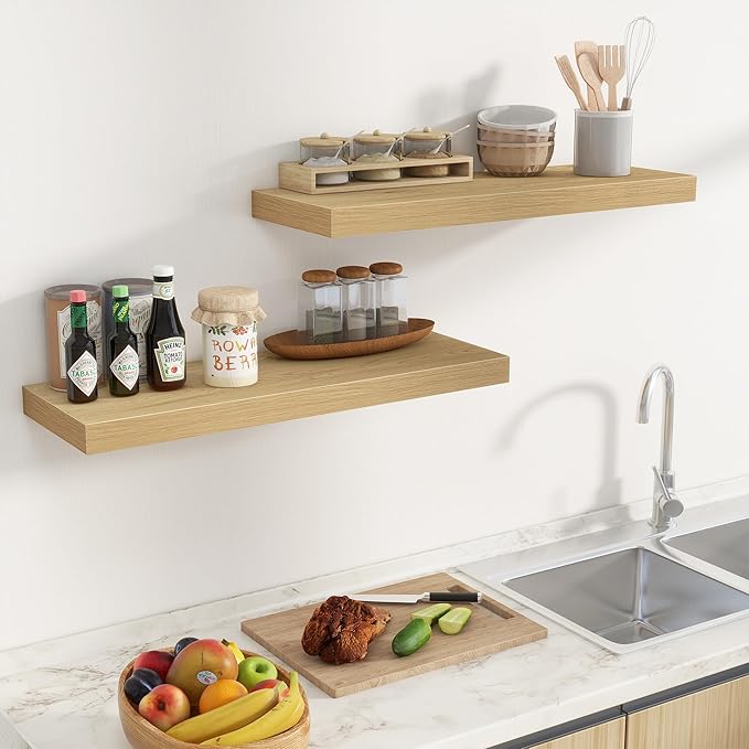 Fun Memories 32 x 10 Floating Shelves Wall-Mounted - Rustic Wood Shelf - 10 Inch Deep Floating Shelves for Wall - Large Storage Shelf for Bathroom - Kitchen & Bedroom - Oak - Set of 2