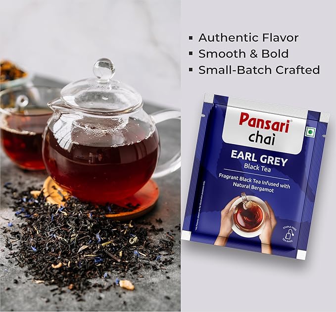 Pansari Earl Grey Black Tea, Individually Wrapped Bags – Smooth, Flavourful & Robust, Pure Caffeinated Black Tea, Enjoy Hot or Iced, Premium Tea Blend with Darjeeling, Aromatic & Bold – (100 Tea Bags)