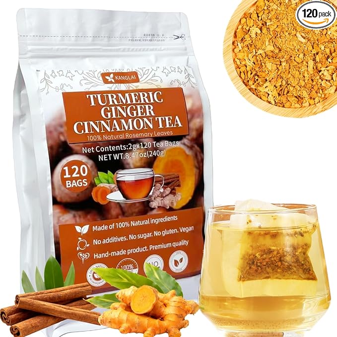 120 Premium Turmeric Ginger Cinnamon Tea Bags, 100% Natural Herbal Blend, Supports Digestion & Immune Health, No Sugar, No Caffeine, No Additives, Vegan, Premium Ingredients