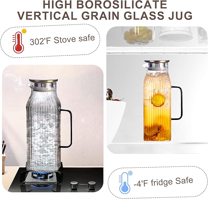 The high borate glass water pitcher with lid and handle is suitable for iced tea,homemade juice,milk,coffee,etc.All hot and cold beverages can be adapted (2L 2PCS)