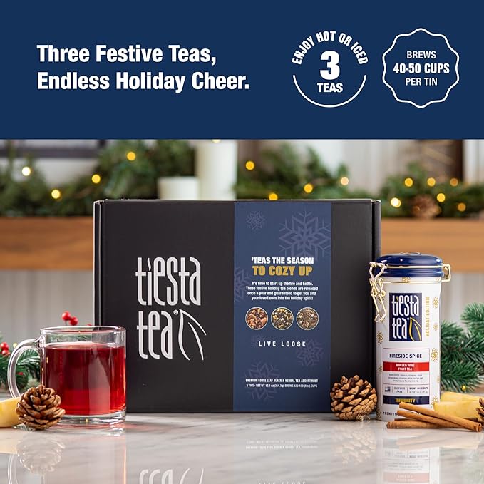 Tiesta Tea - Holiday Loose Leaf Tea Gift Set, High to Non-Caffeinated Holiday Blends, 3 Tins of Hot & Iced Brews Variety Pack, Fireside Spice, Peppermint Cocoa & Cocoa Mocha