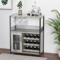 GarveeHome 3-Tier Wine Bar Cabinet with Detachable Wine Rack, Liquor Cabinet with Storage, Coffee Bar Cabinet with Glass Holder & Mesh Door, Sideboard Buffet Bar for Living Room, Dining Room, Grey