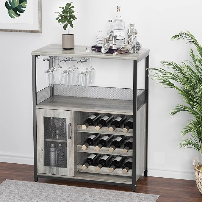 GarveeHome 3-Tier Wine Bar Cabinet with Detachable Wine Rack, Liquor Cabinet with Storage, Coffee Bar Cabinet with Glass Holder & Mesh Door, Sideboard Buffet Bar for Living Room, Dining Room, Grey