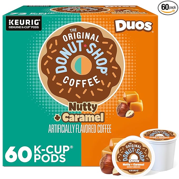 The Original Donut Shop Duos Nutty + Caramel Coffee, Keurig Single Serve K-Cup Pods, Light Roast Coffee, 60 Count, (6 Packs of 10)
