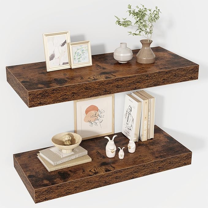 24 Inch Floating Shelves, 12" Deep Floating Shelf Wall Mounted, 24" Wall Shelves, Rustic Deep Bookshelf, Extra Deeper & Thicker Display Shelves for Bedroom, Living Room, Brown, Set of 2