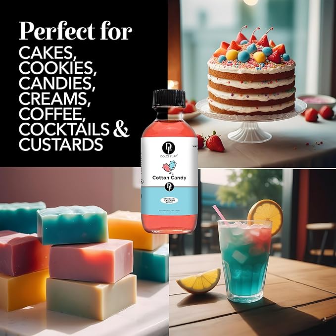 Dolce Flav Cotton Candy Extract 2 oz – Kosher, Sugar-Free, Concentrated Carnival-Style Flavoring for Baking, Frostings & Drinks, Includes Measured Dropper